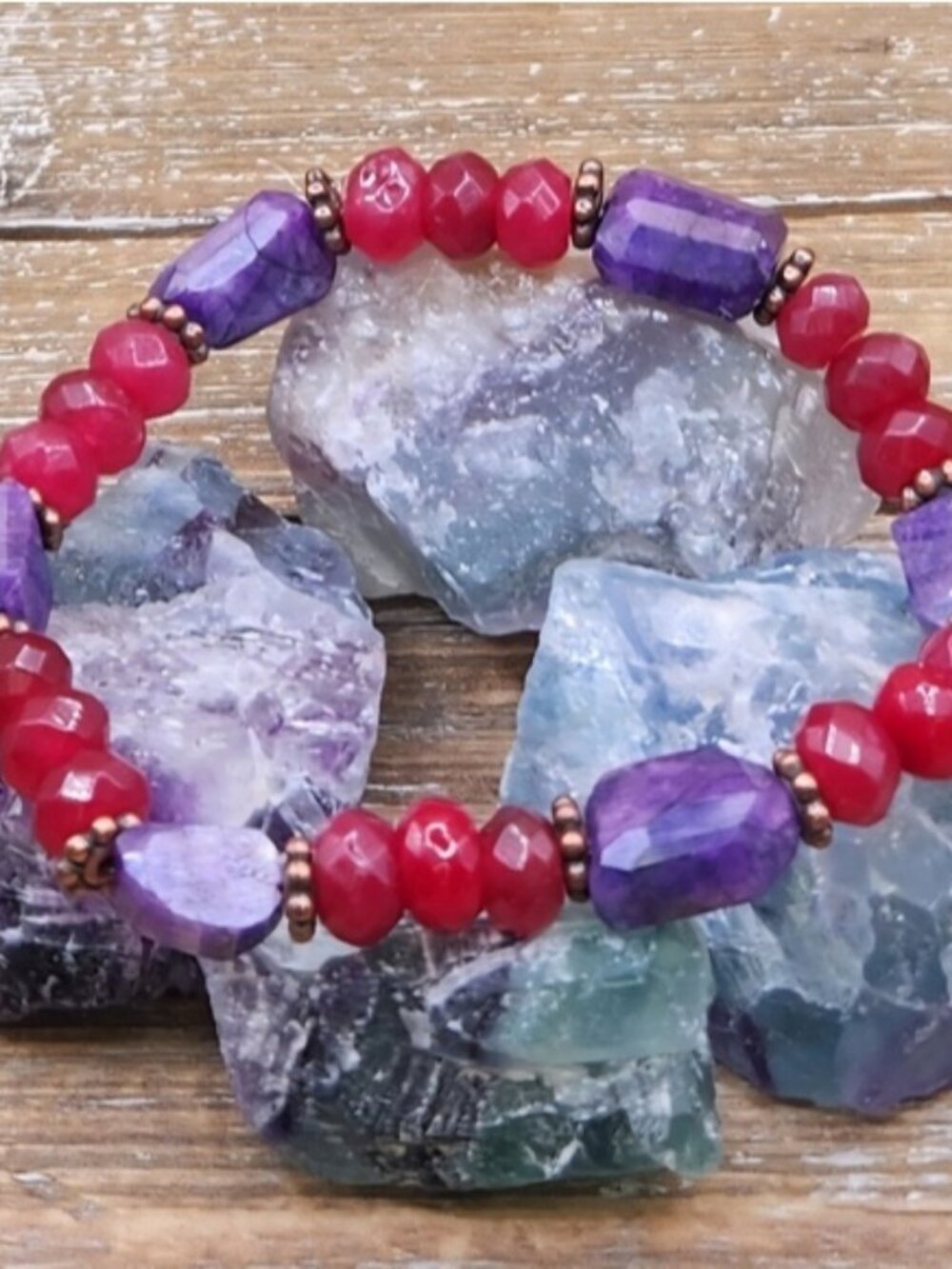 Faceted Ruby Red Jade, Purple Mystic Moonstone and Copper Beaded Bracelet